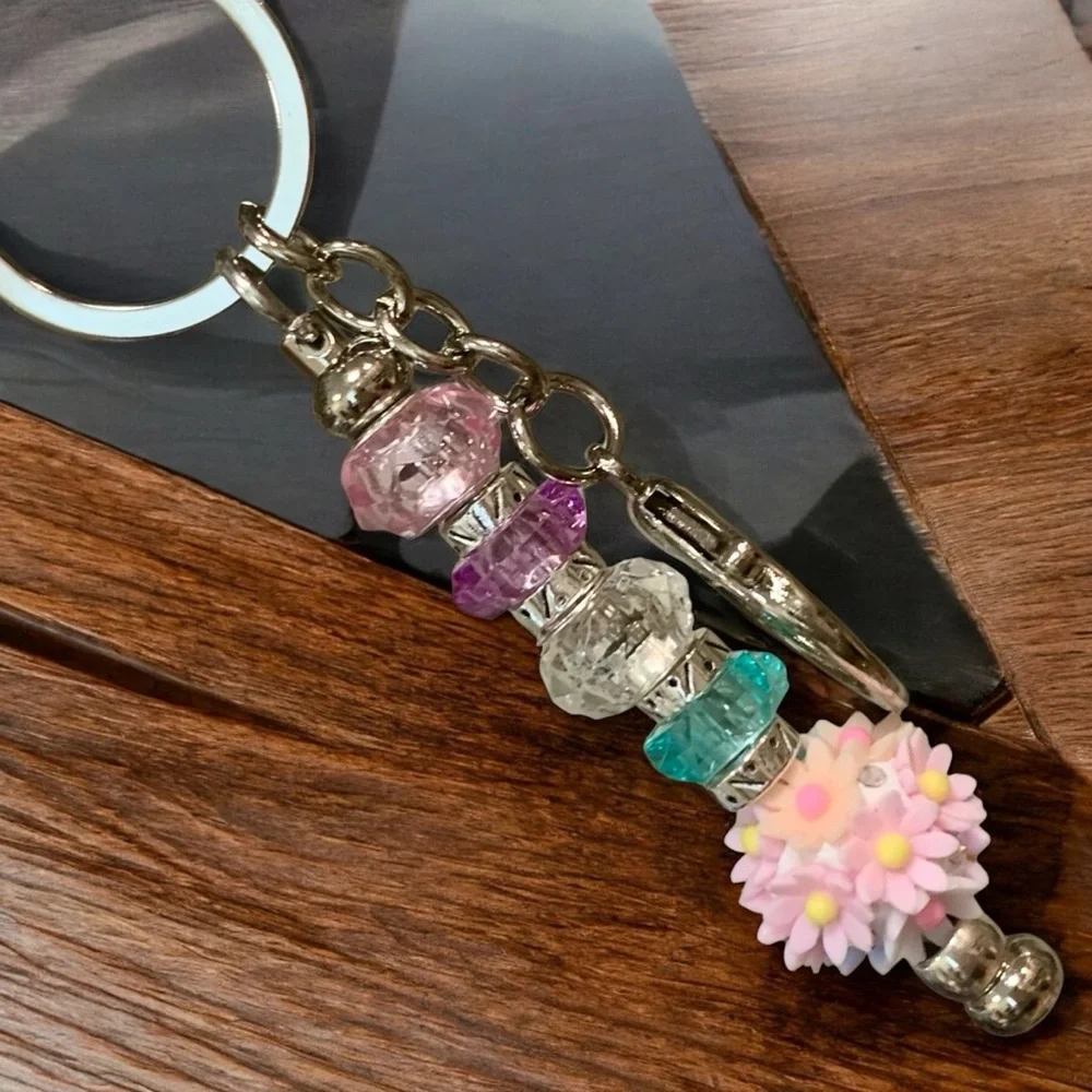 Colorful Pink Floral Beaded Keychain, Bag, or Keychain